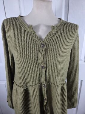 Umgee Olive Waffle Knit Babydoll Tunic Top M